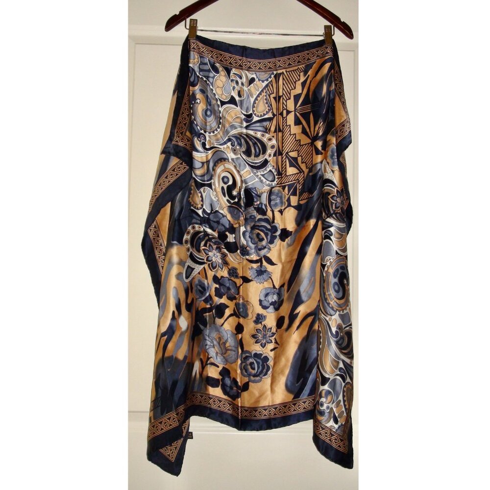 Pierre Cardin Paris Silk Blue Brown Floral Large Square Scarf